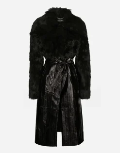 Alpaca and eel skin single-breasted coat with belt