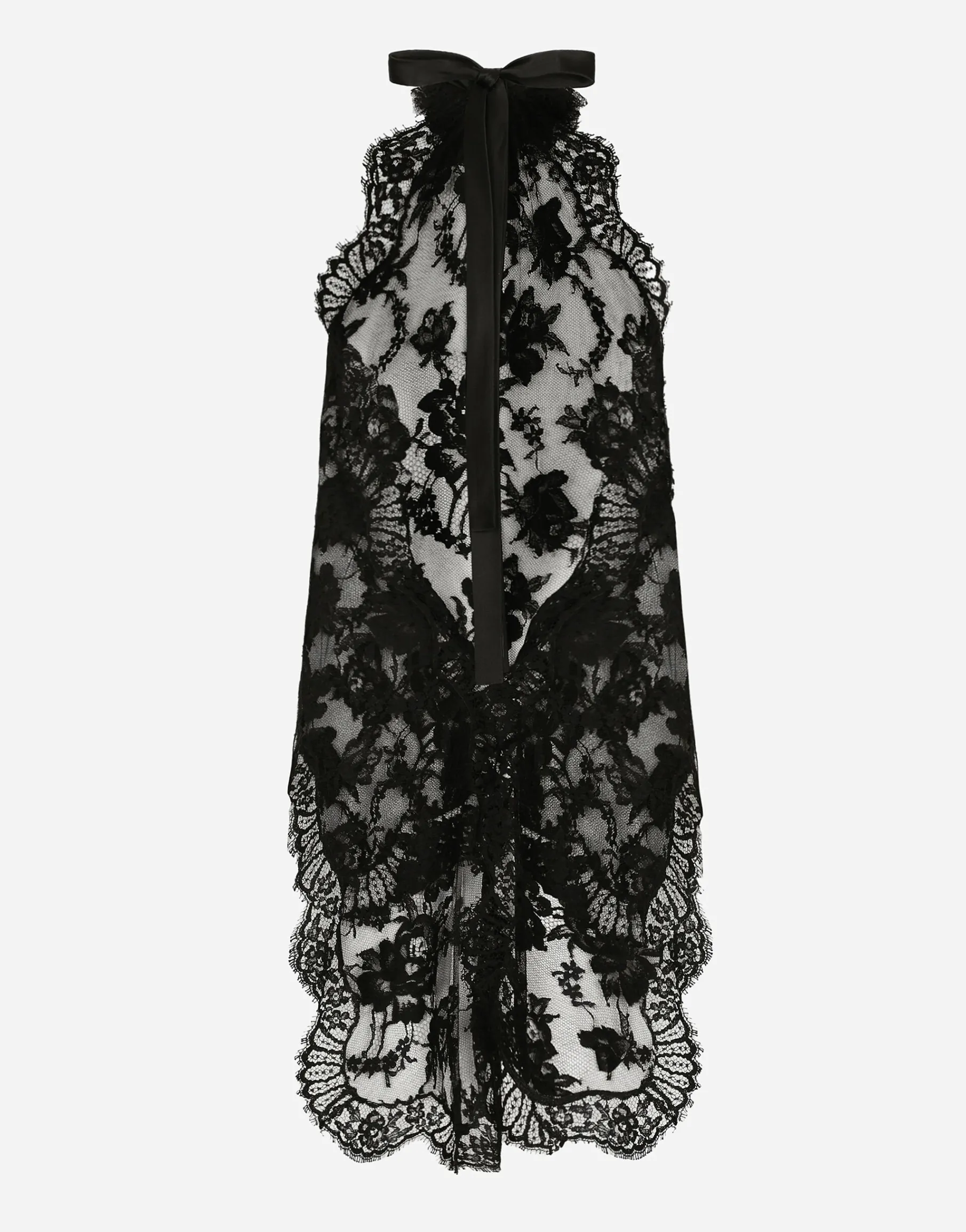Asymmetrical lace top with flower detail on neck