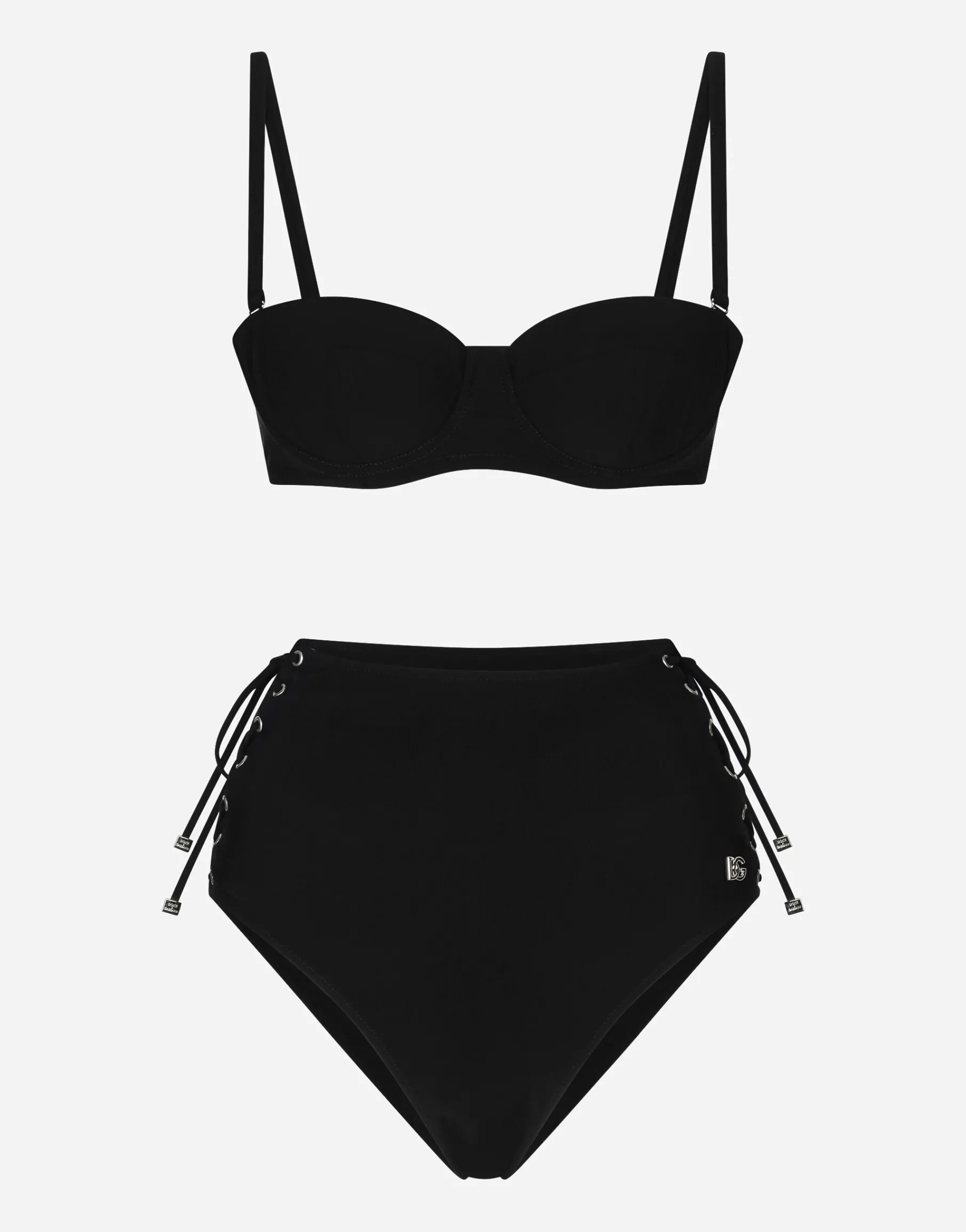 Balconette bikini top and laced high-waisted bikini bottoms