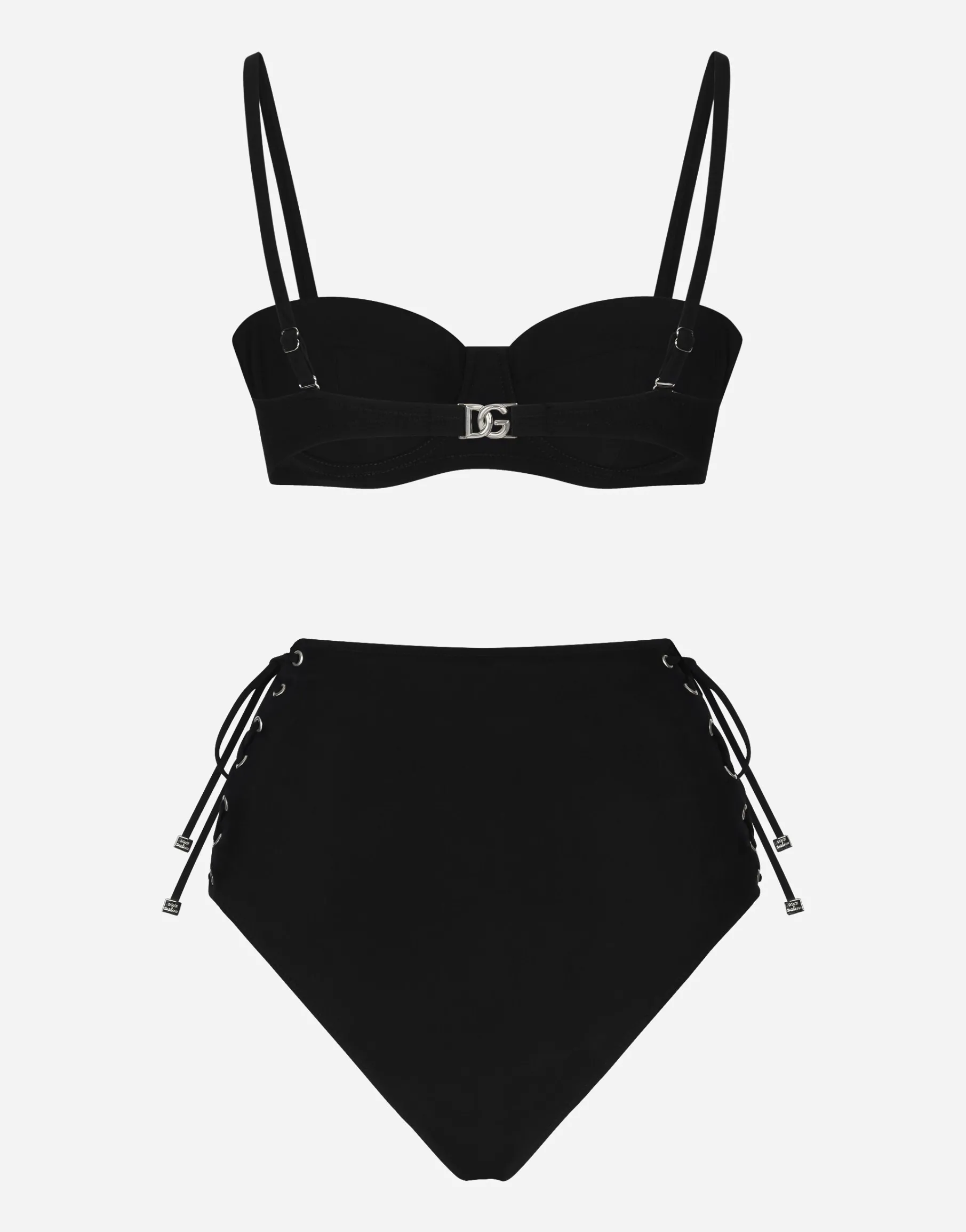 Balconette bikini top and laced high-waisted bikini bottoms
