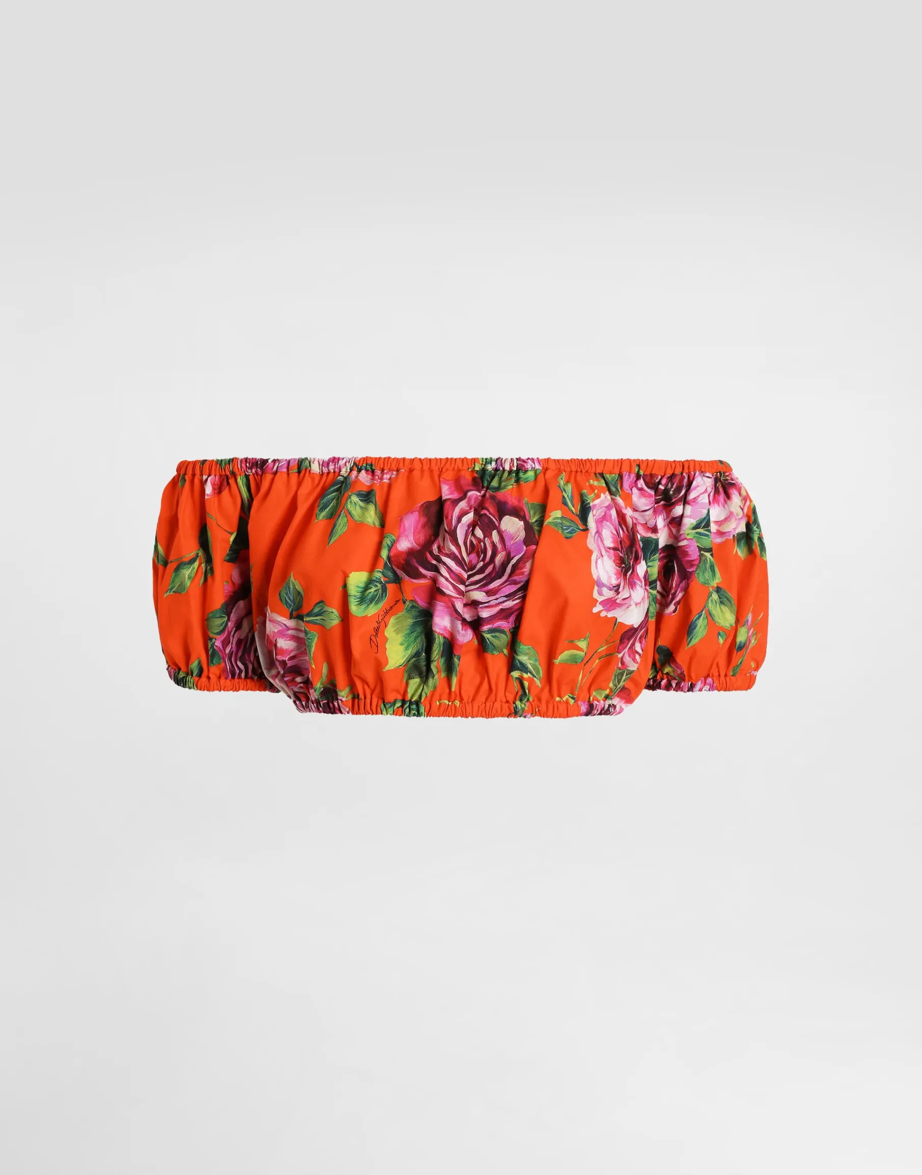 Bardot-neck top in rose-print cotton