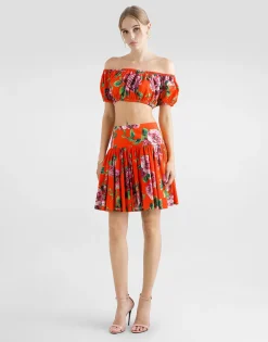 Bardot-neck top in rose-print cotton