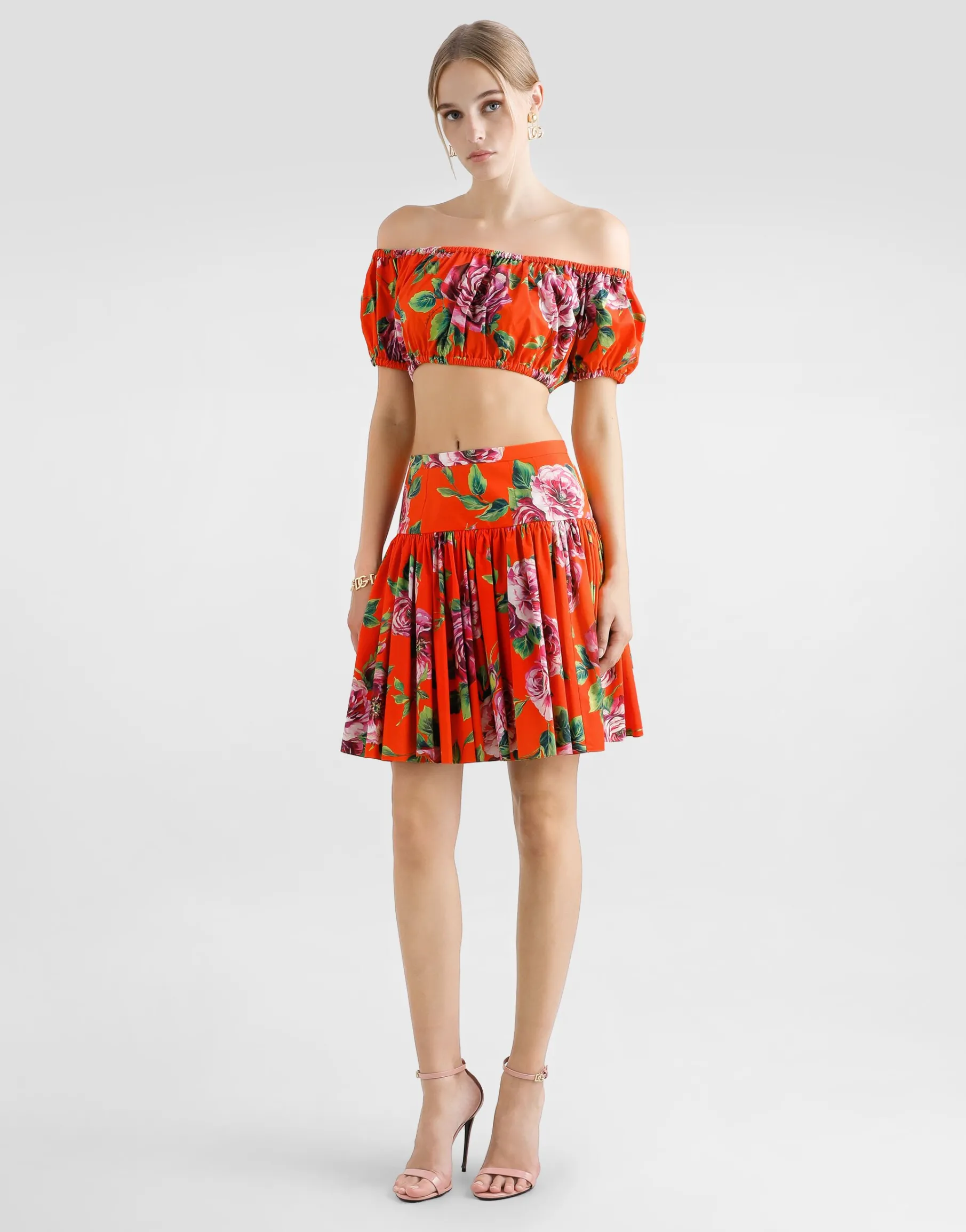 Bardot-neck top in rose-print cotton