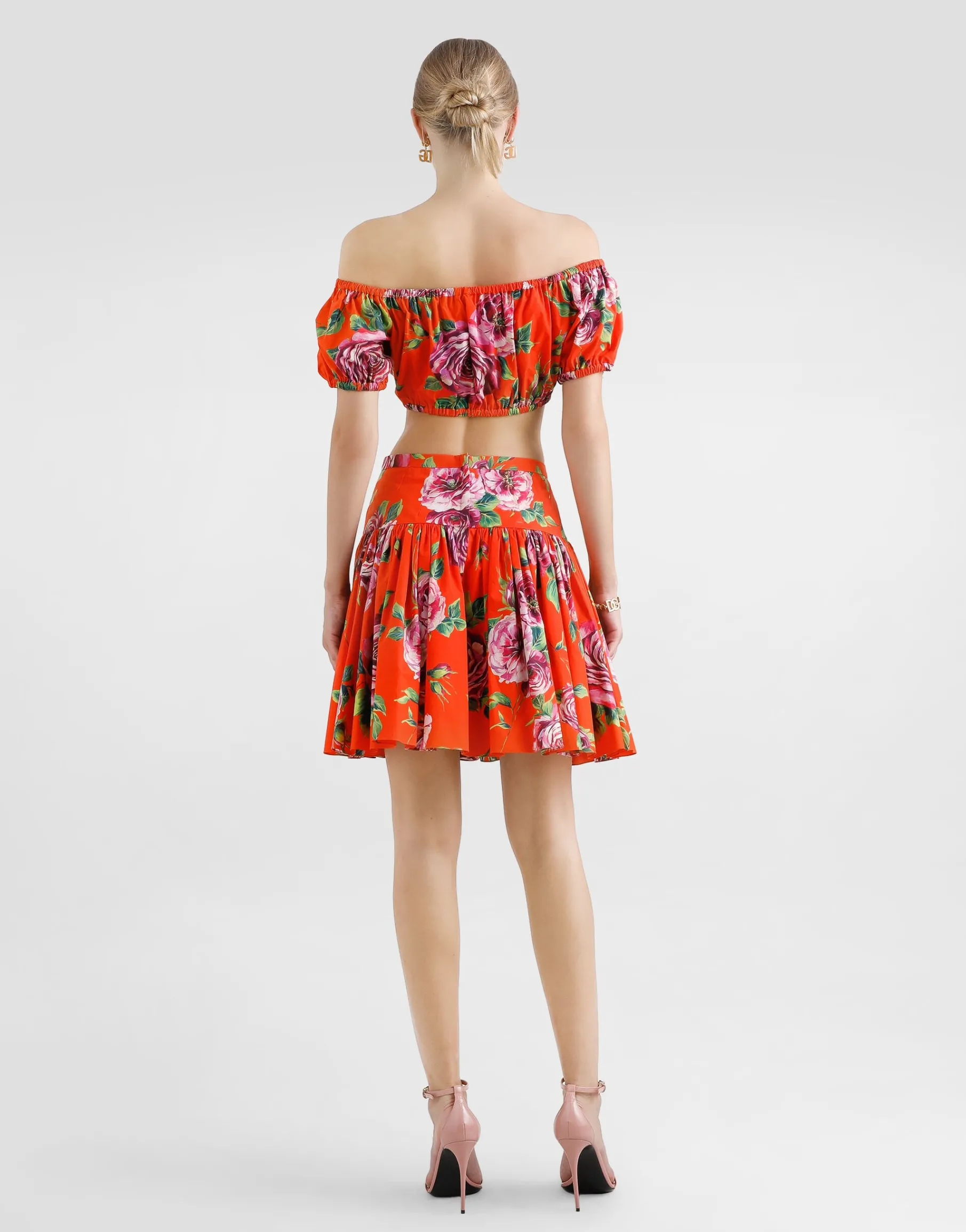 Bardot-neck top in rose-print cotton