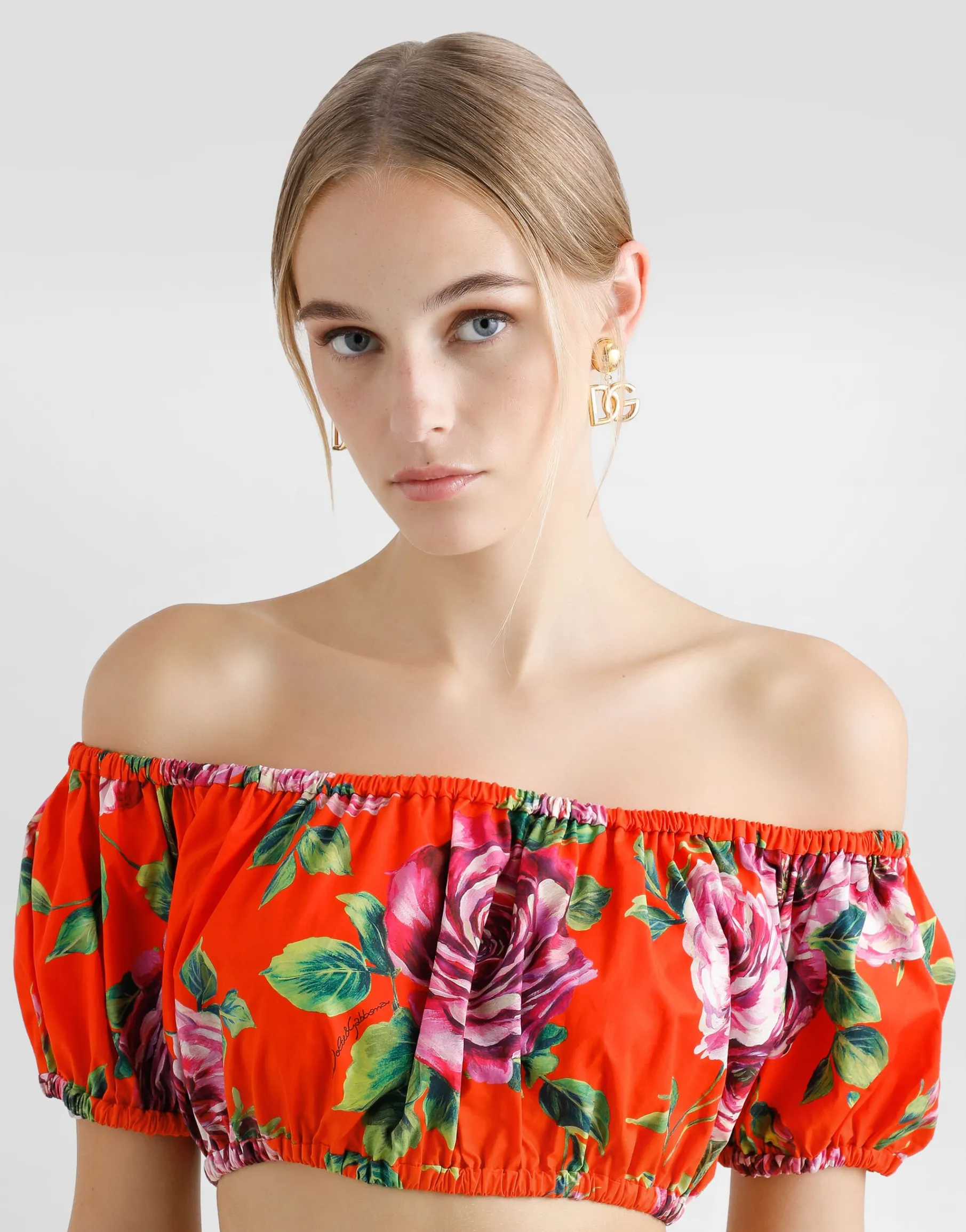 Bardot-neck top in rose-print cotton