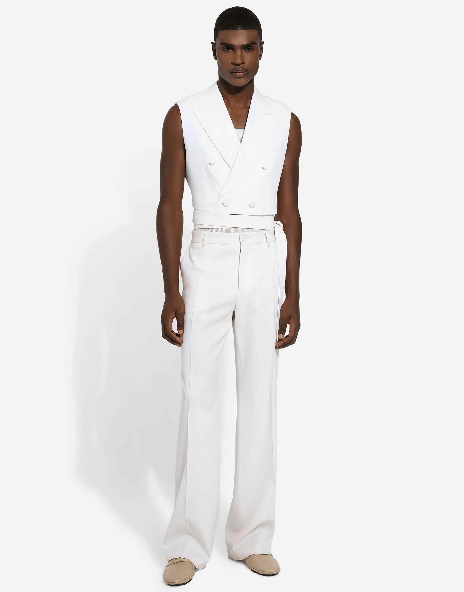 Belted cropped double-breasted wool waistcoat