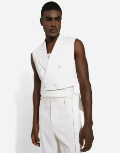 Belted cropped double-breasted wool waistcoat