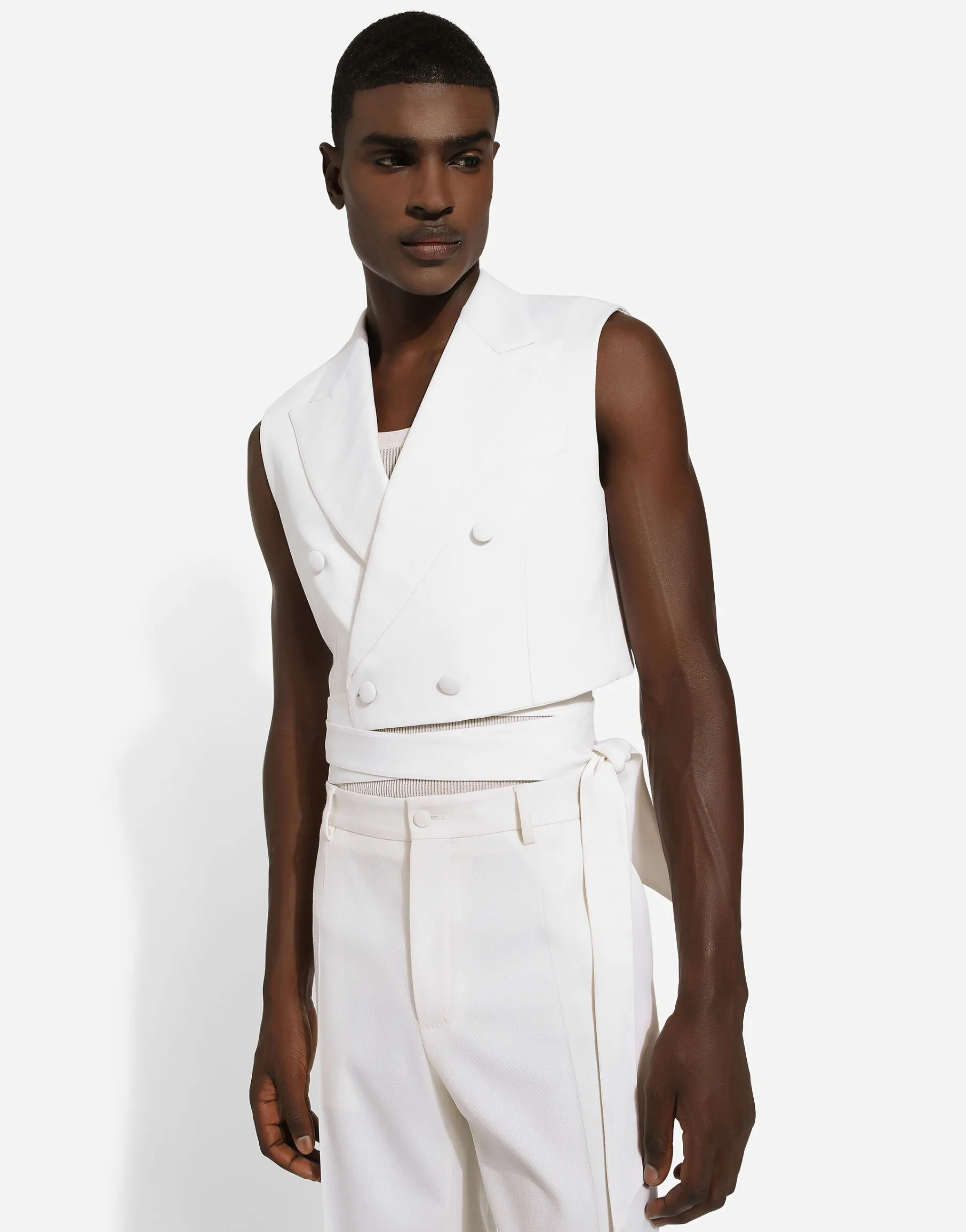 Belted cropped double-breasted wool waistcoat