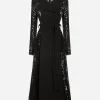 Belted double-breasted crepe and lace coat