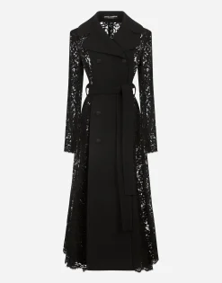 Belted double-breasted crepe and lace coat