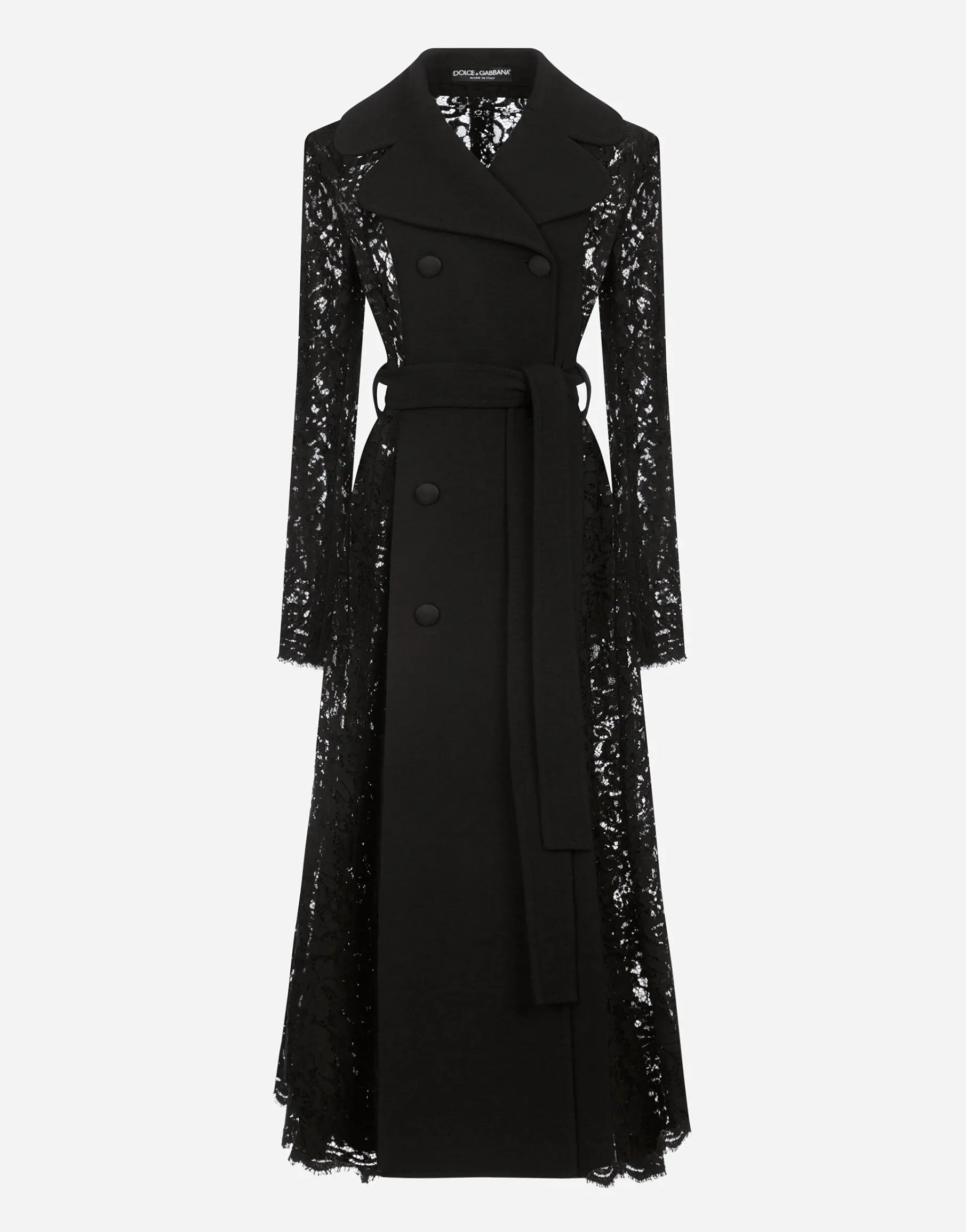 Belted double-breasted crepe and lace coat