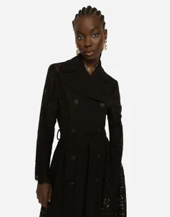 Belted double-breasted crepe and lace coat