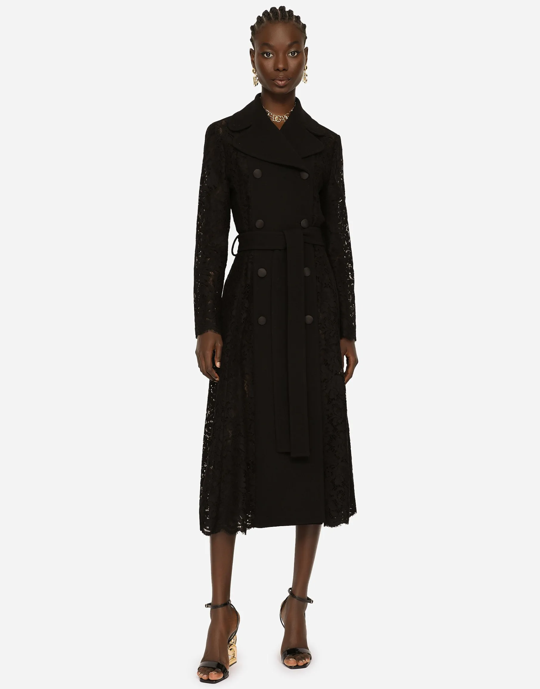 Belted double-breasted crepe and lace coat