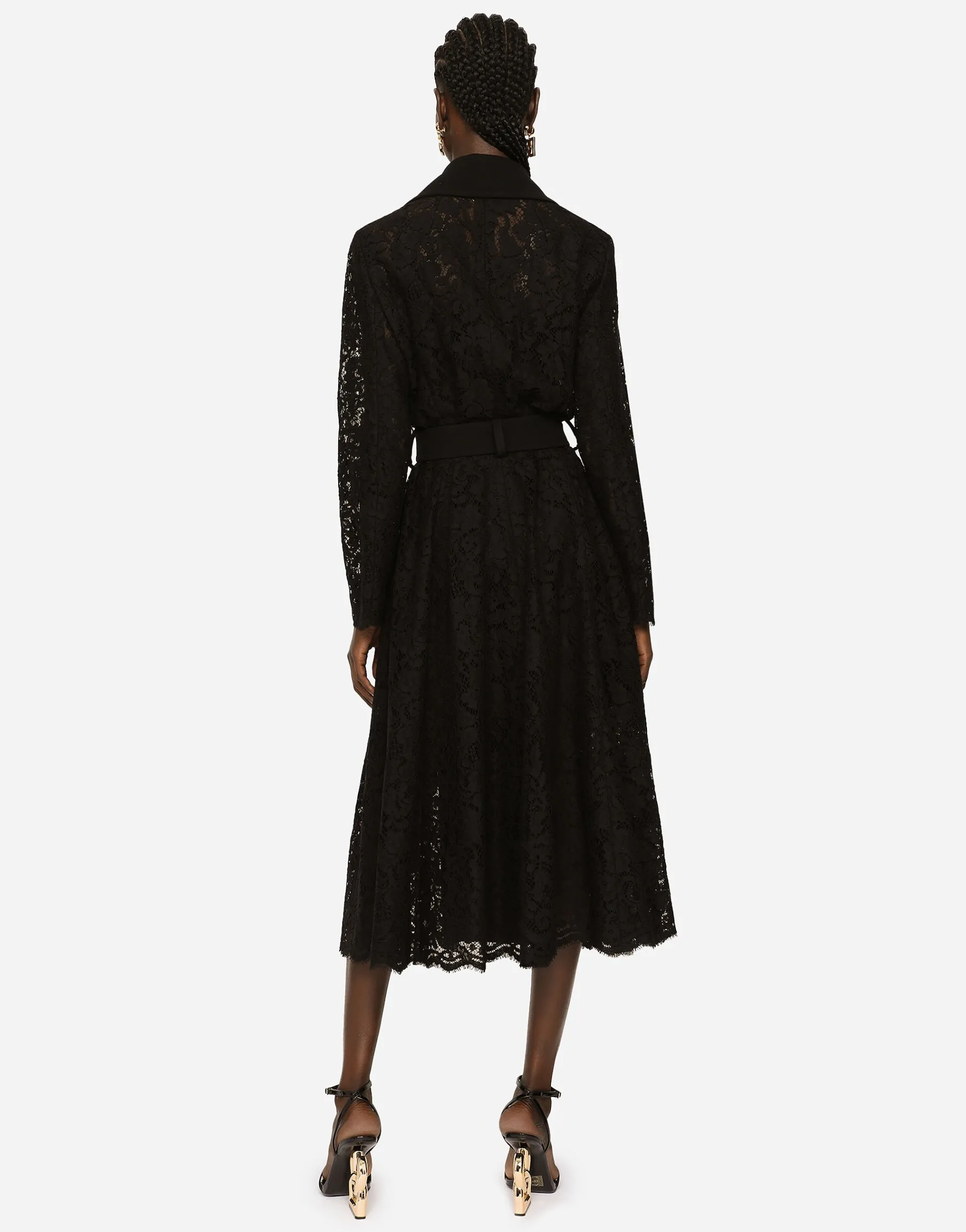 Belted double-breasted crepe and lace coat