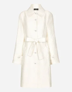 Belted floral jacquard coat