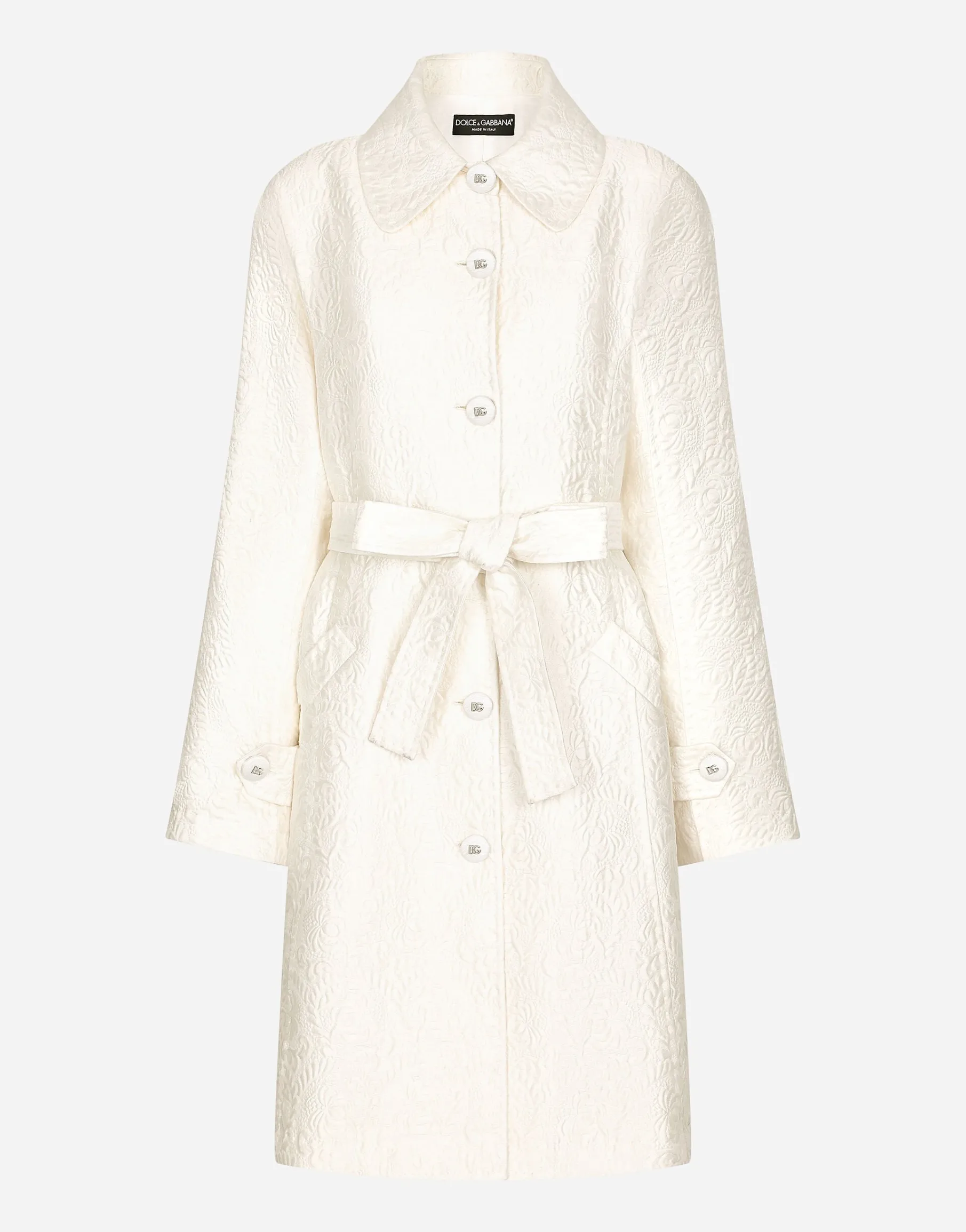 Belted floral jacquard coat