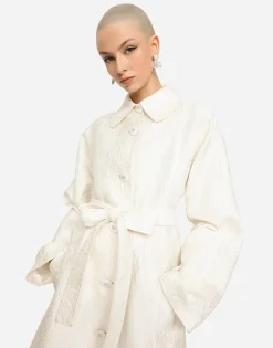 Belted floral jacquard coat