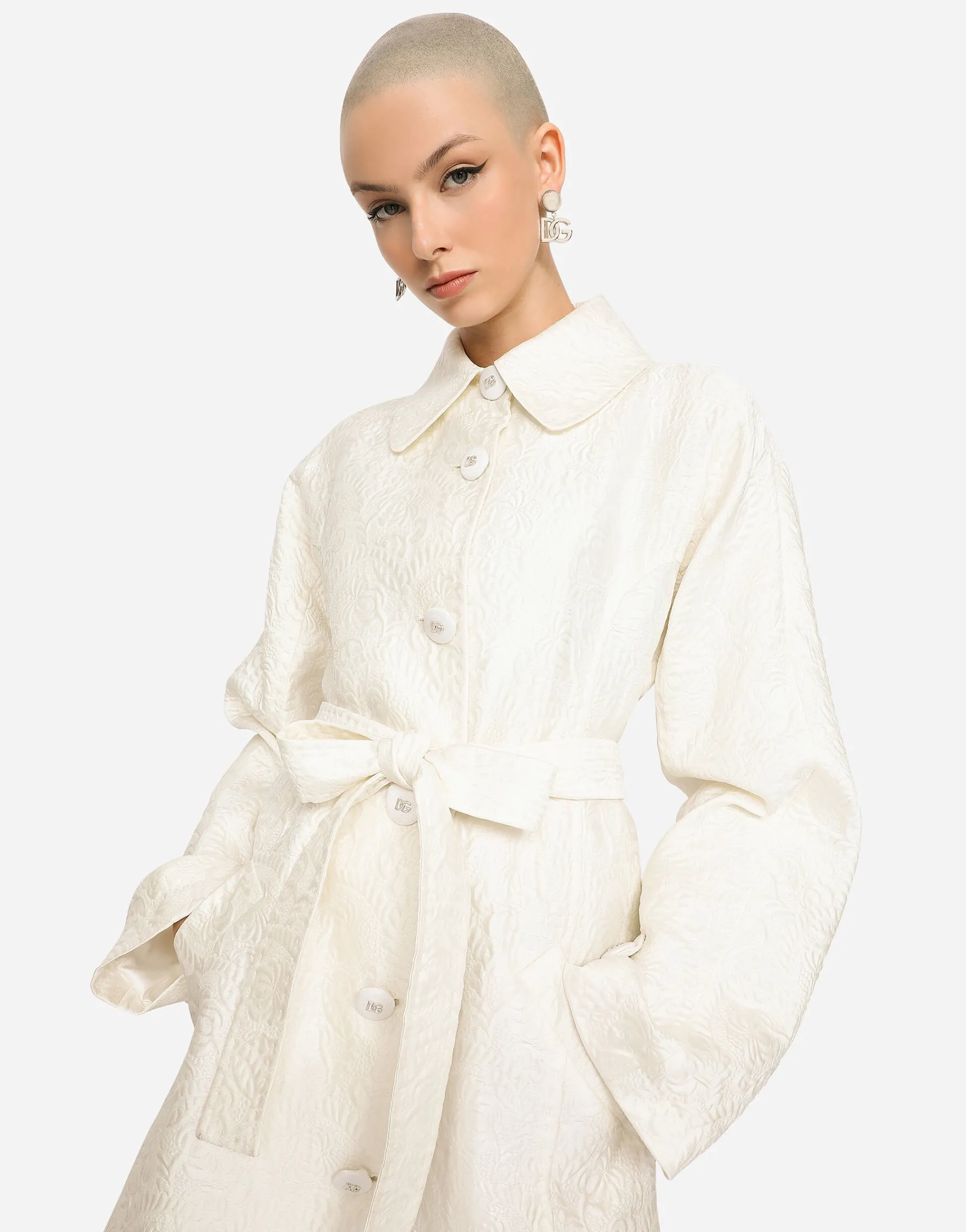 Belted floral jacquard coat