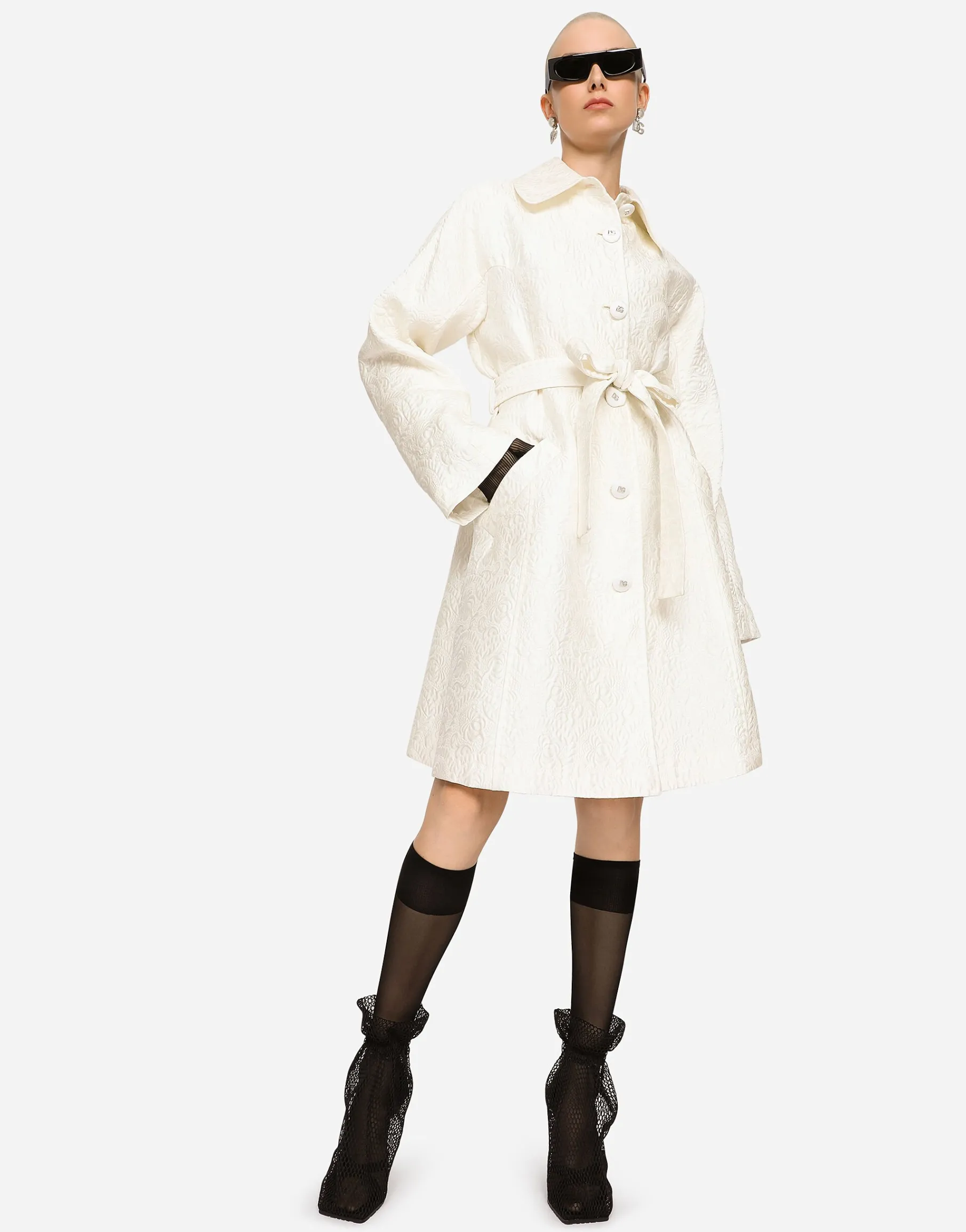 Belted floral jacquard coat