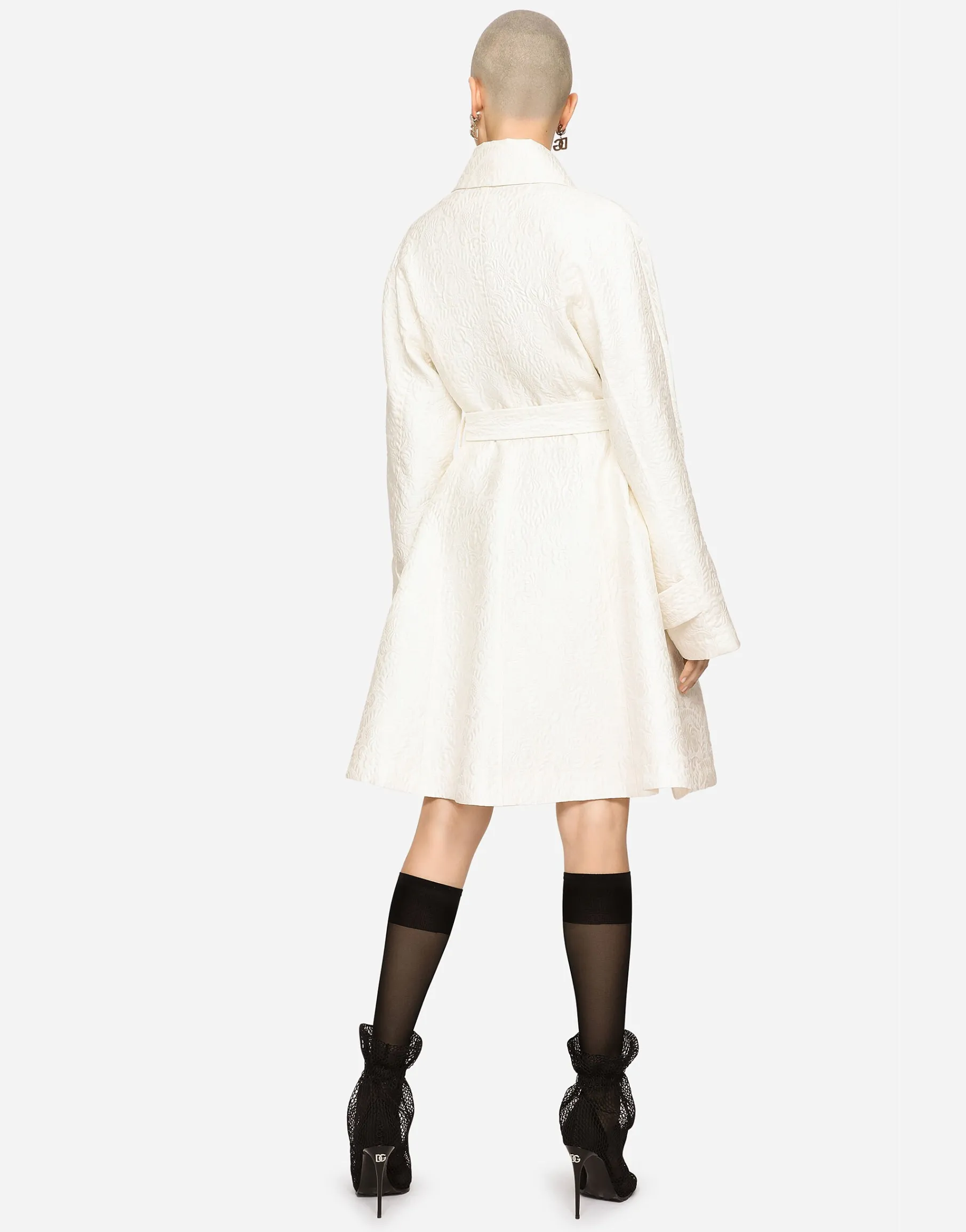 Belted floral jacquard coat