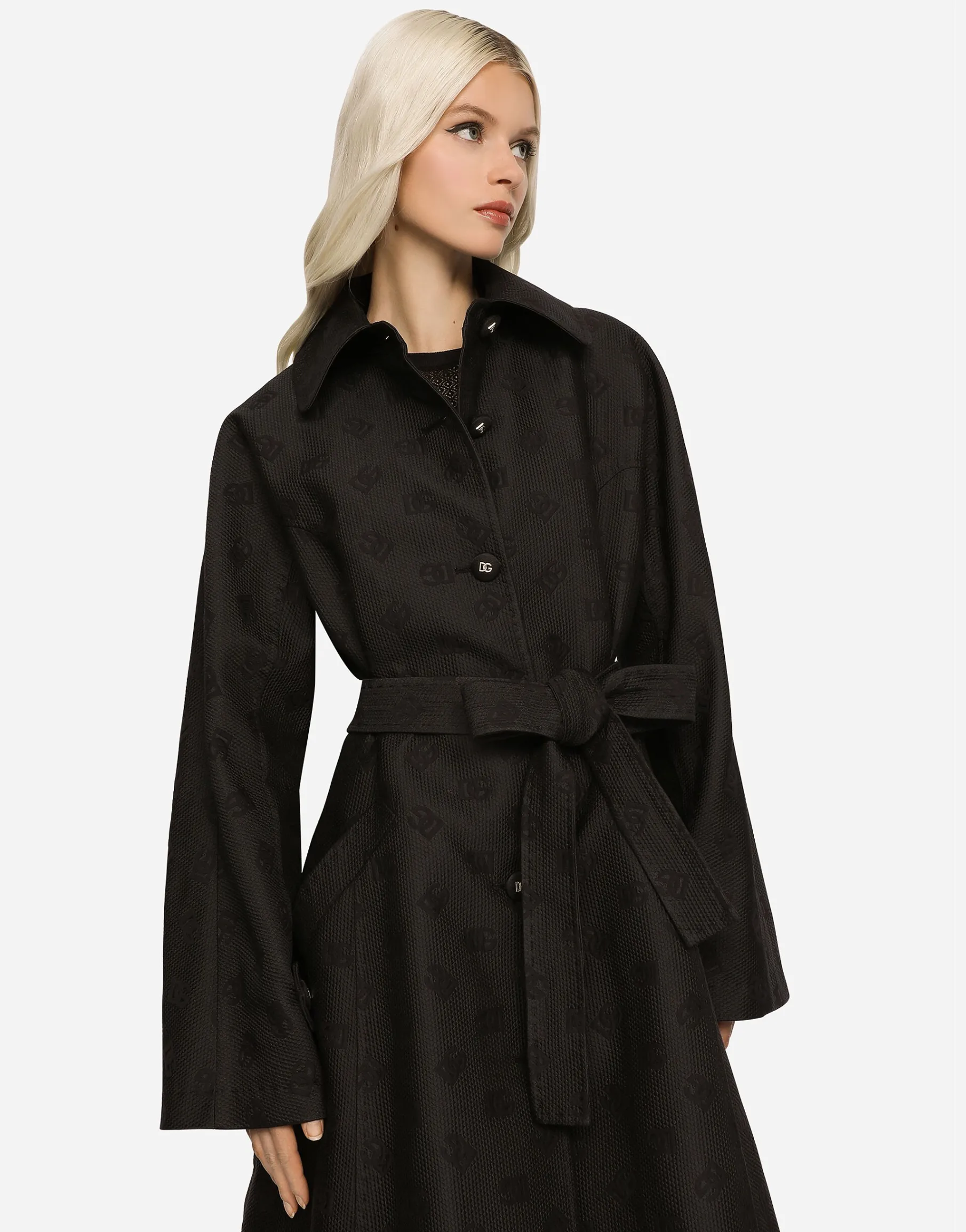Belted jacquard coat with DG logo