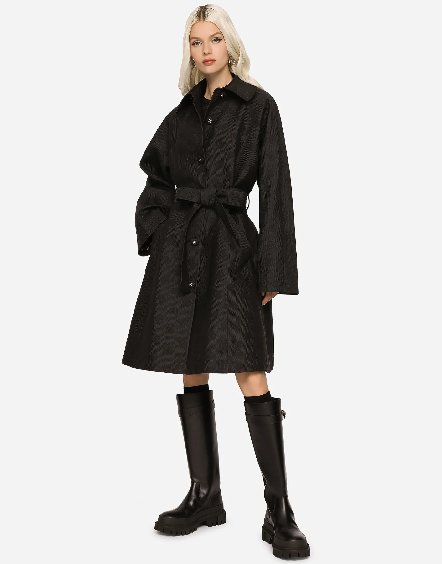 Belted jacquard coat with DG logo