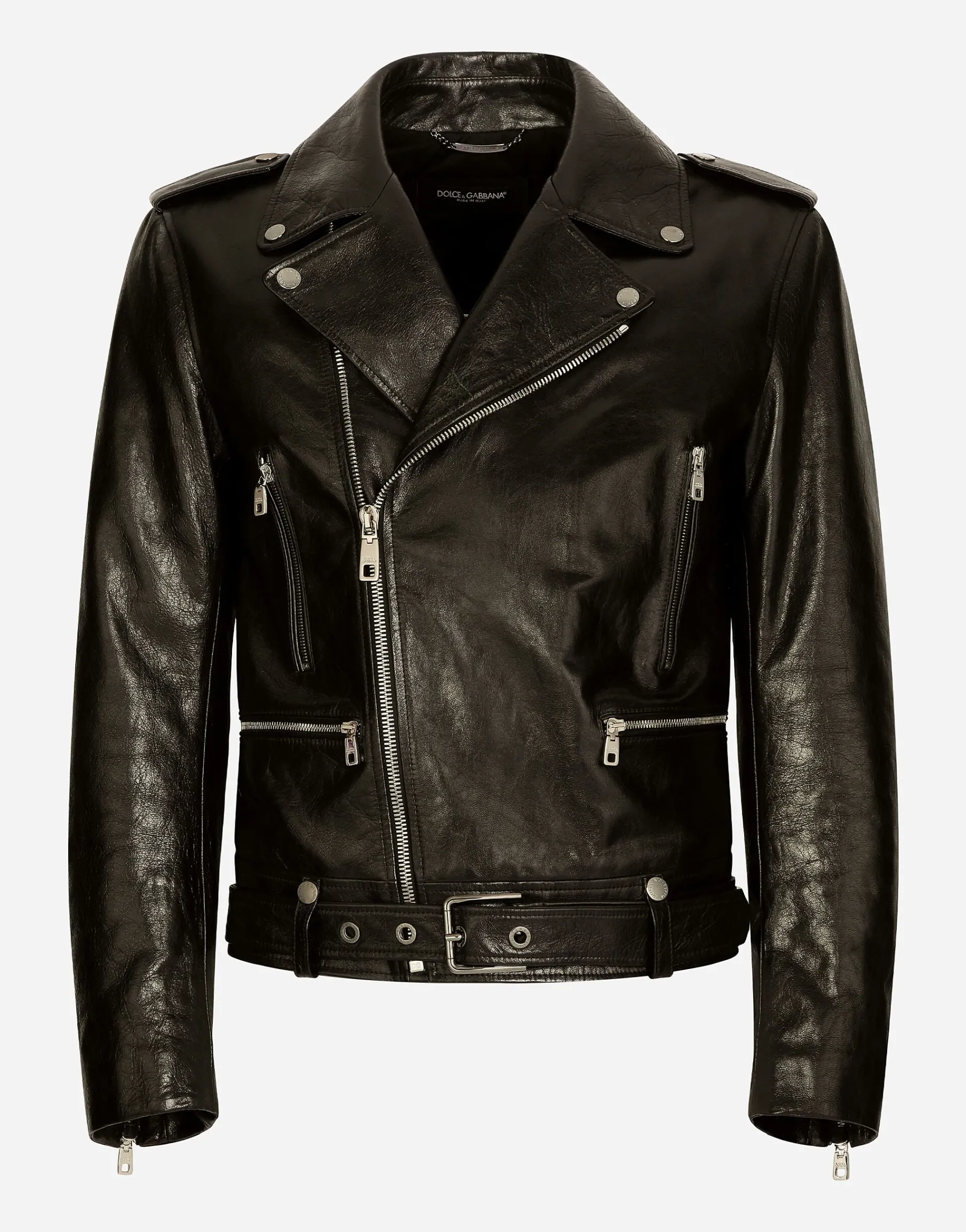 Belted leather biker jacket