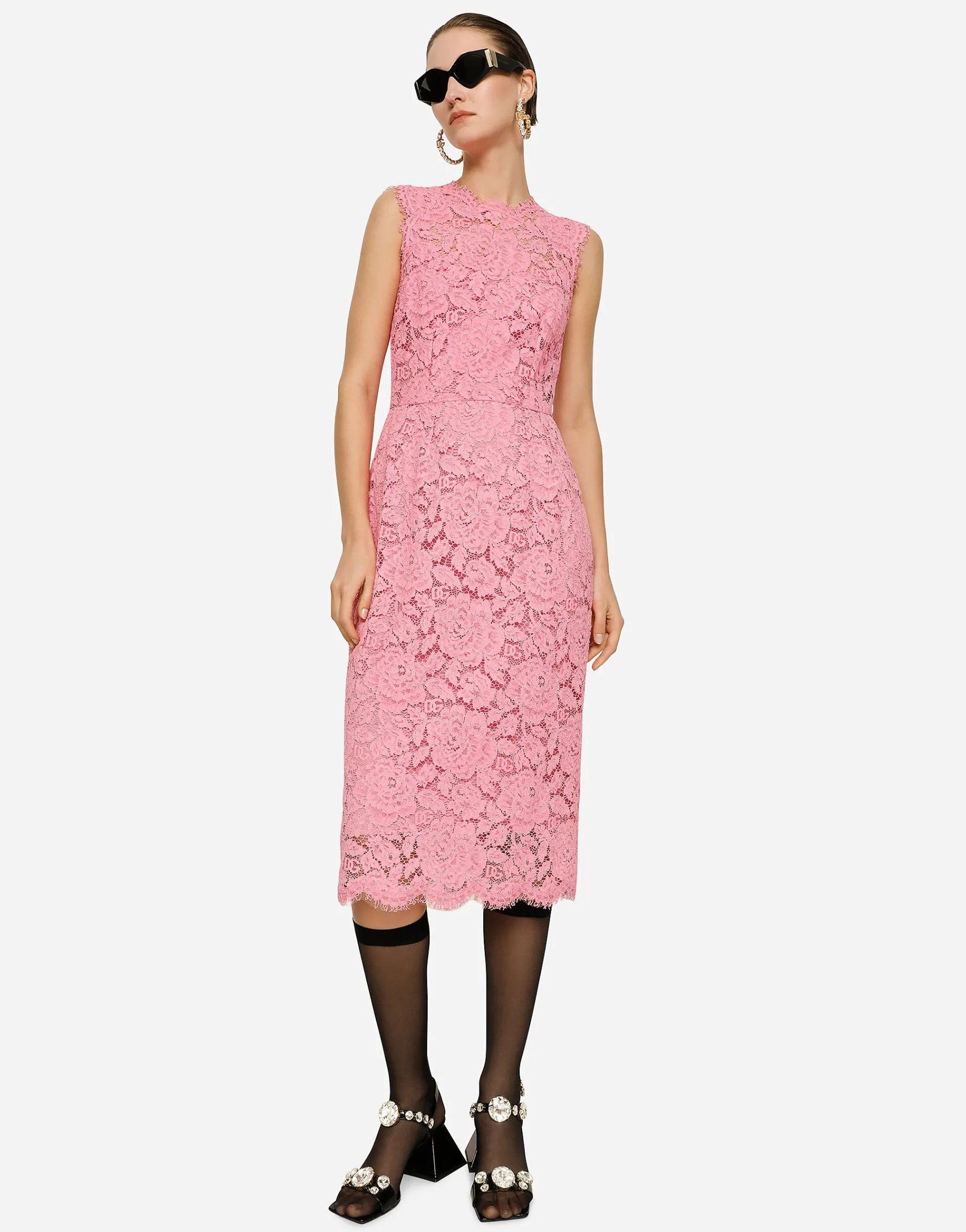 Branded stretch lace calf-length dress