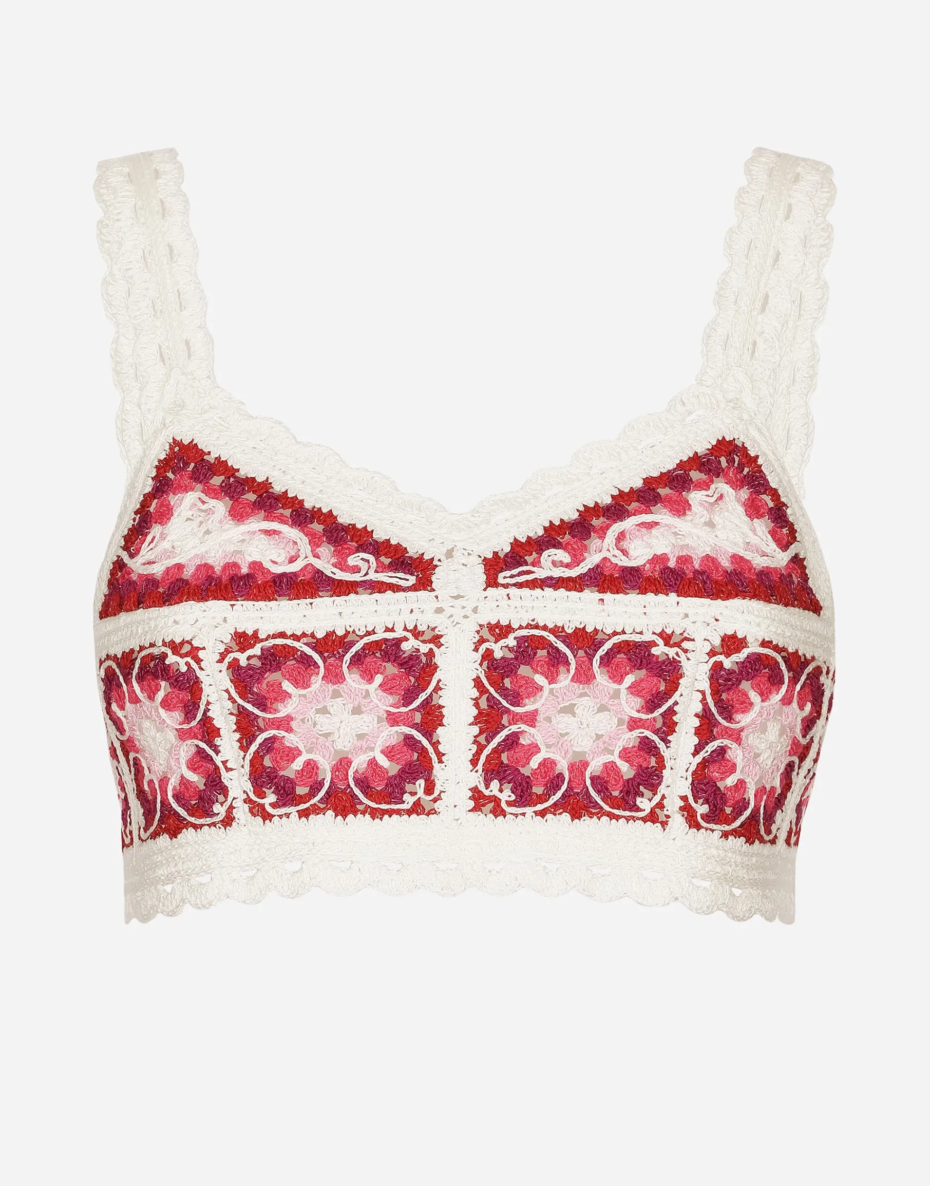 Brick-stitched crochet bustier top with Majolica print