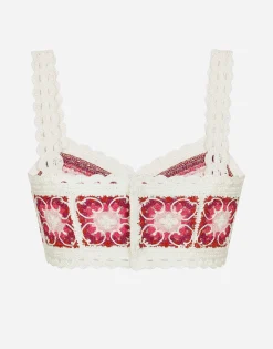 Brick-stitched crochet bustier top with Majolica print