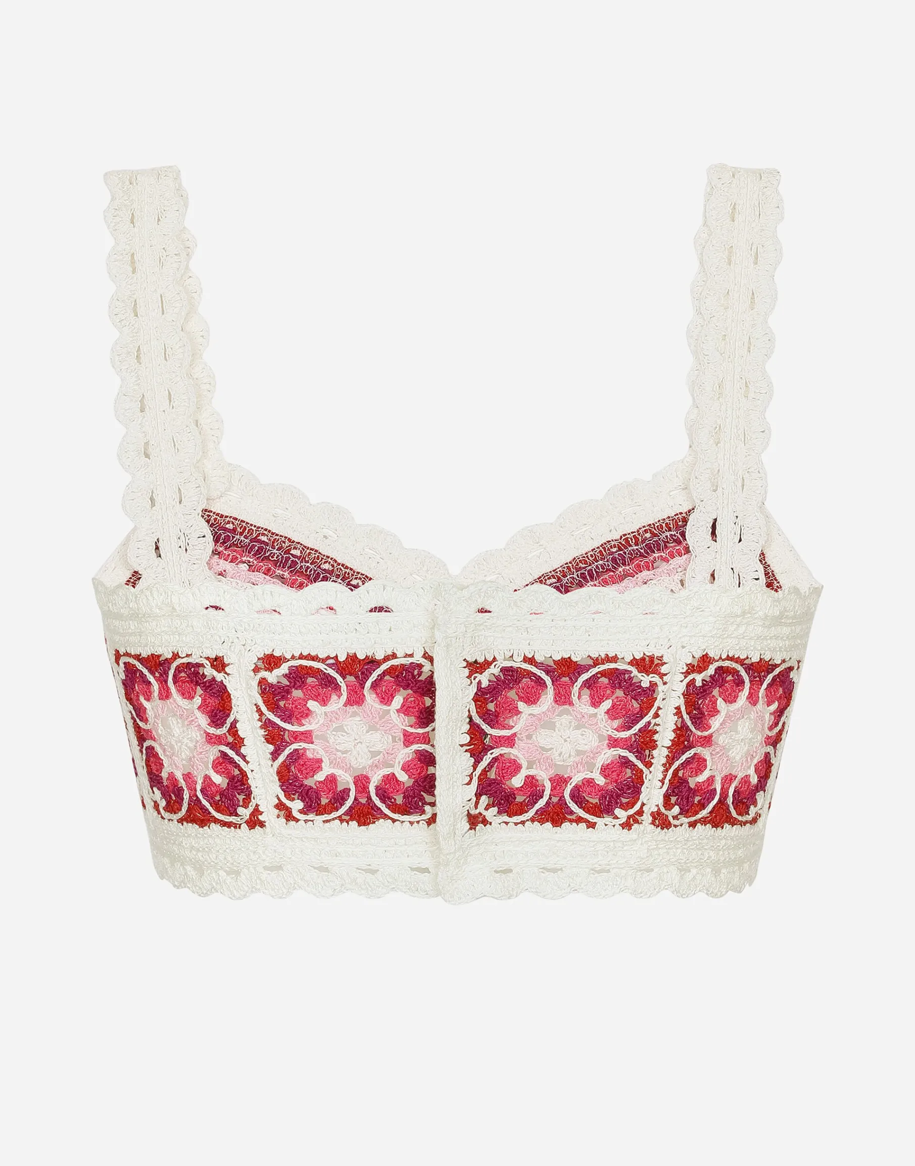 Brick-stitched crochet bustier top with Majolica print
