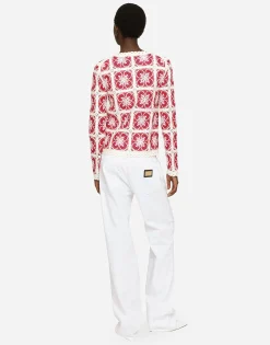 Brick-stitched crochet cardigan with Majolica print