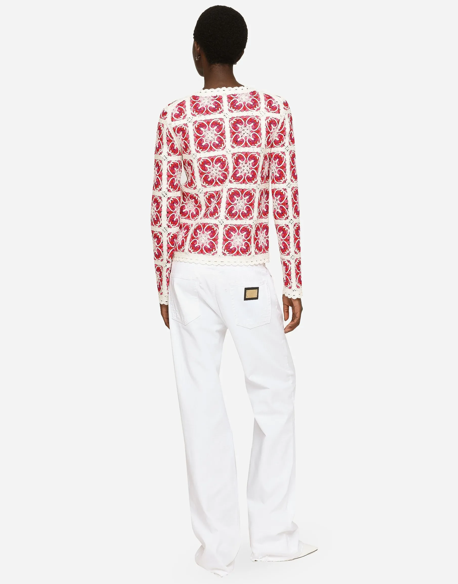 Brick-stitched crochet cardigan with Majolica print