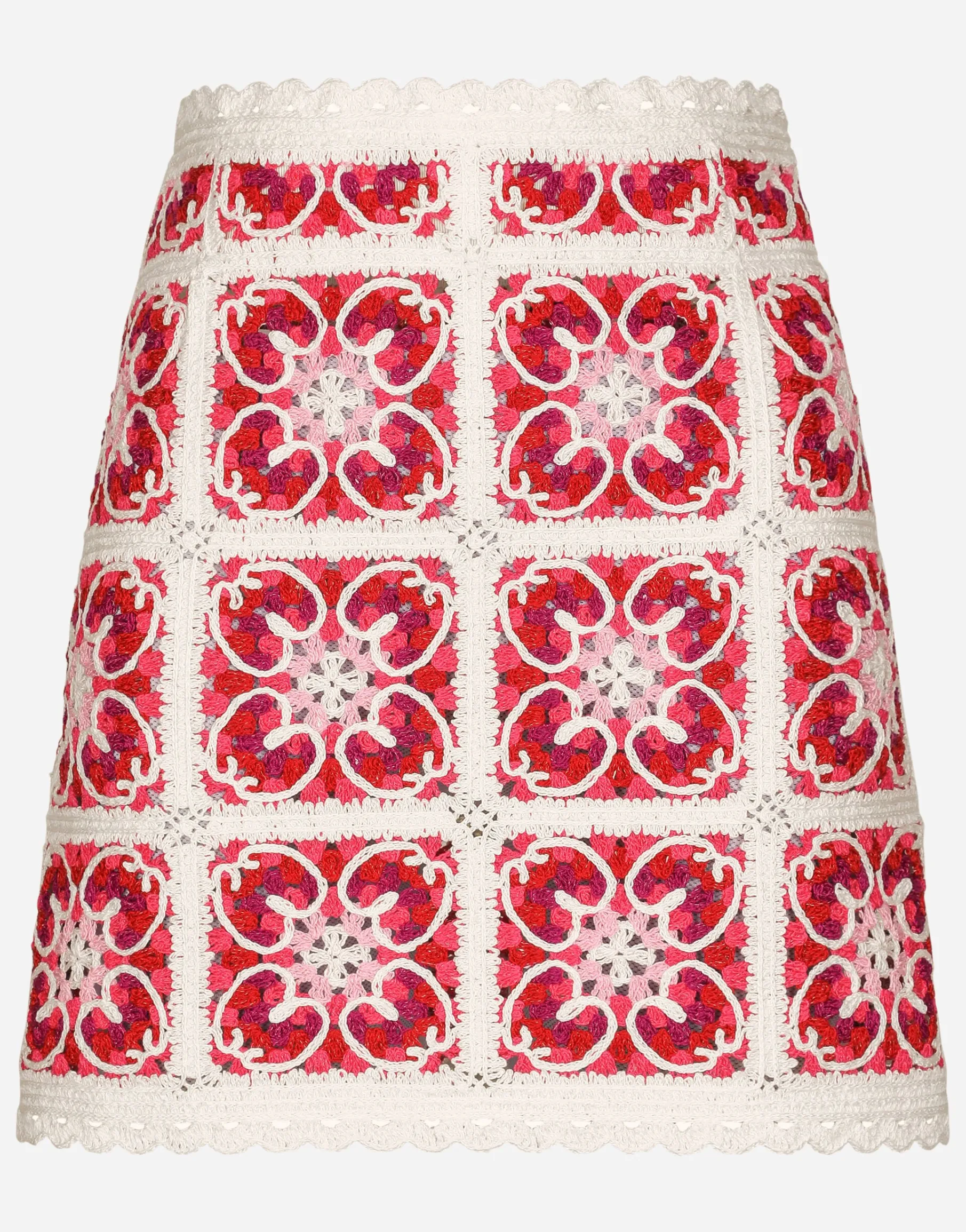 Brick-stitched crochet skirt with Majolica print
