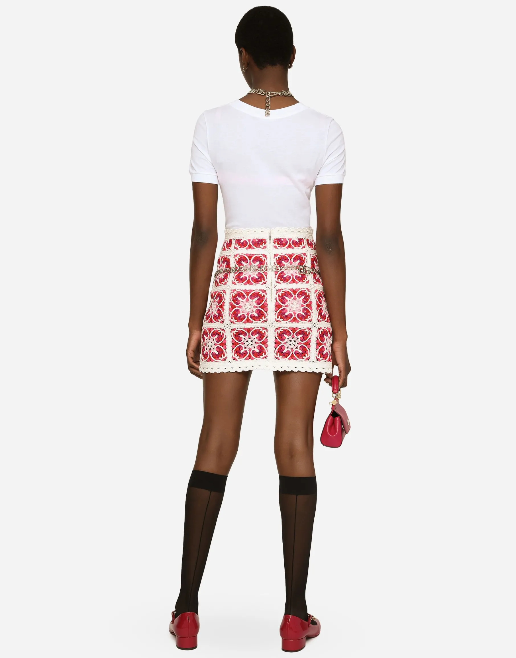 Brick-stitched crochet skirt with Majolica print