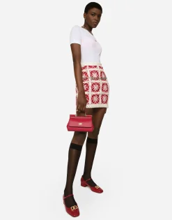 Brick-stitched crochet skirt with Majolica print