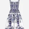 Bustier midi dress in majolica-print poplin