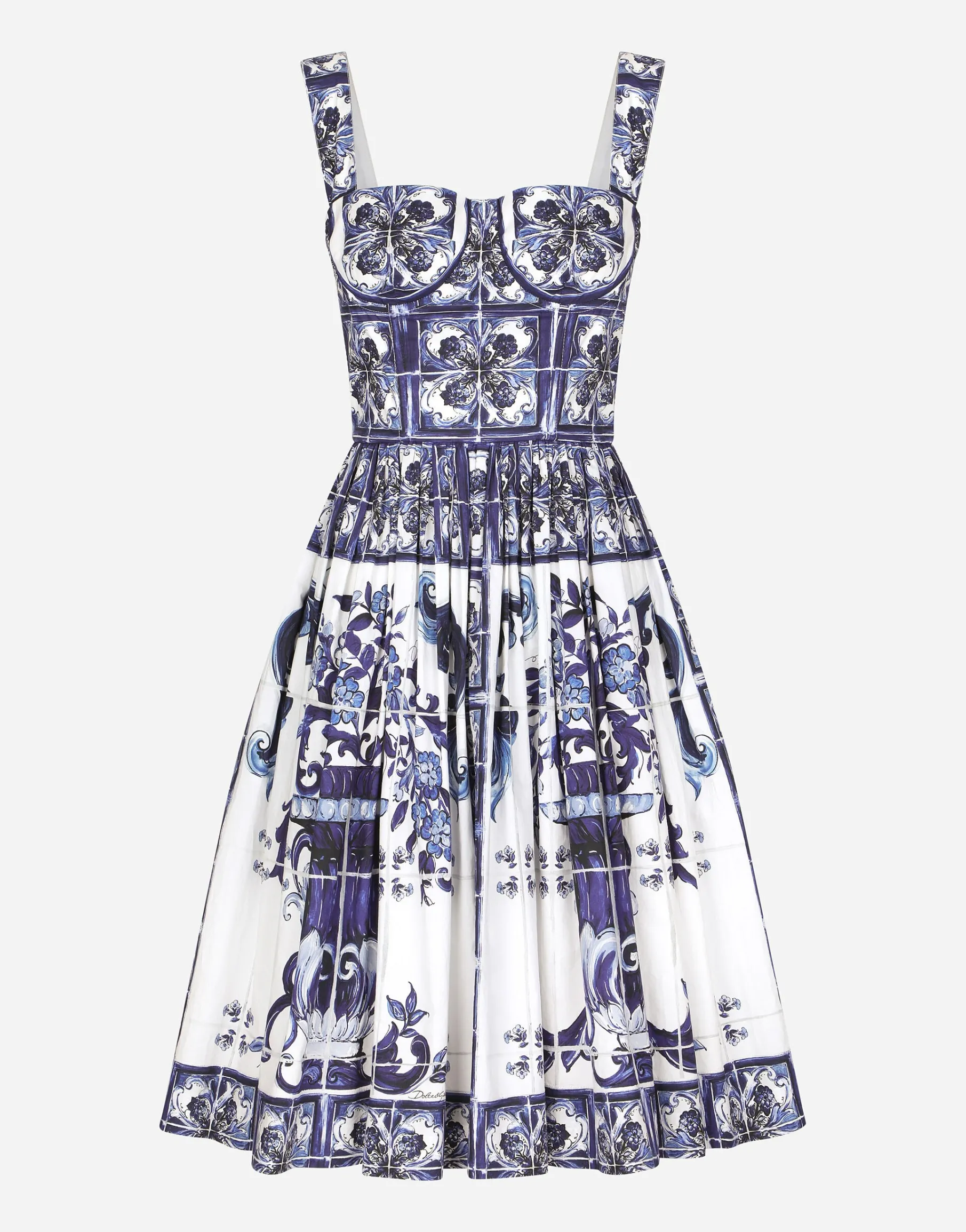 Bustier midi dress in majolica-print poplin