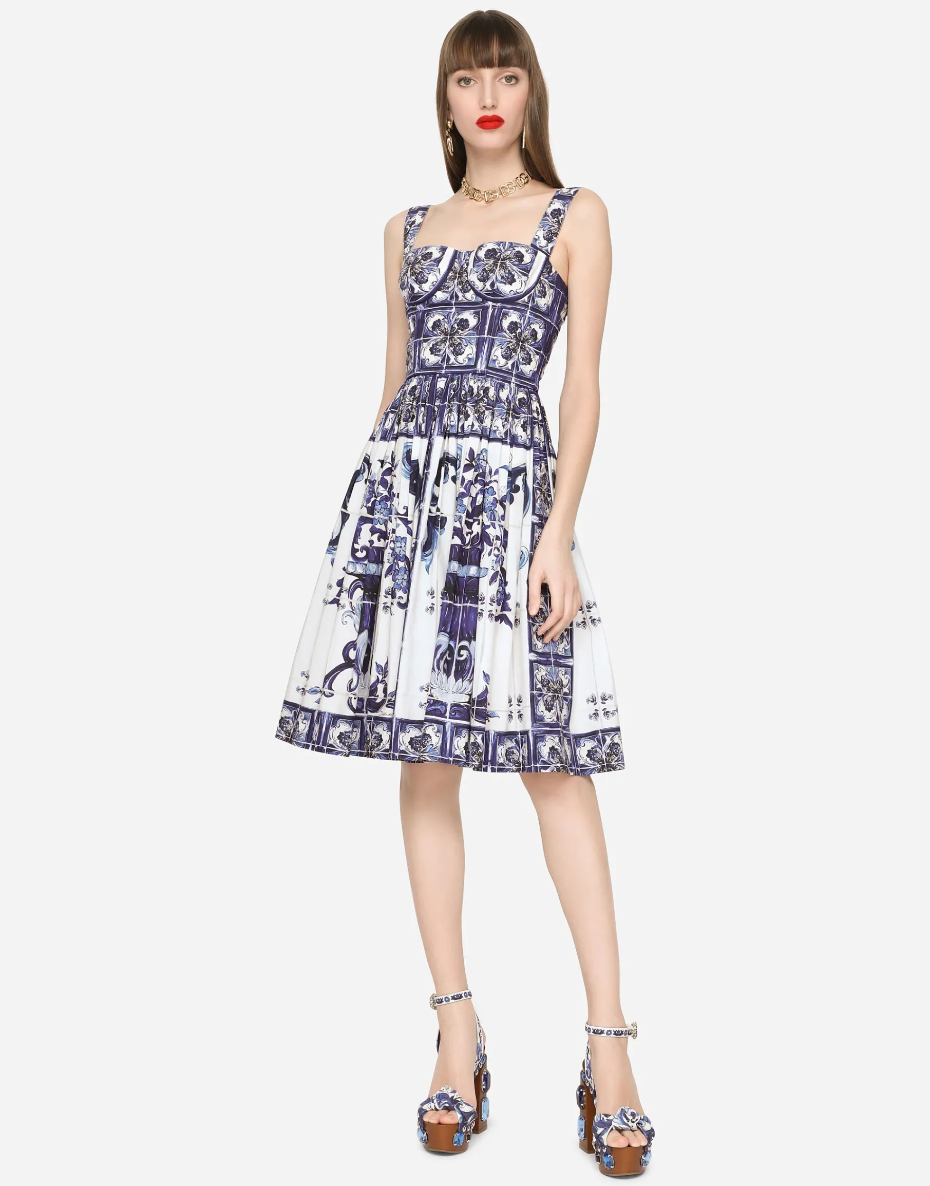 Bustier midi dress in majolica-print poplin