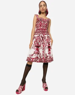 Bustier midi dress in Majolica-print poplin