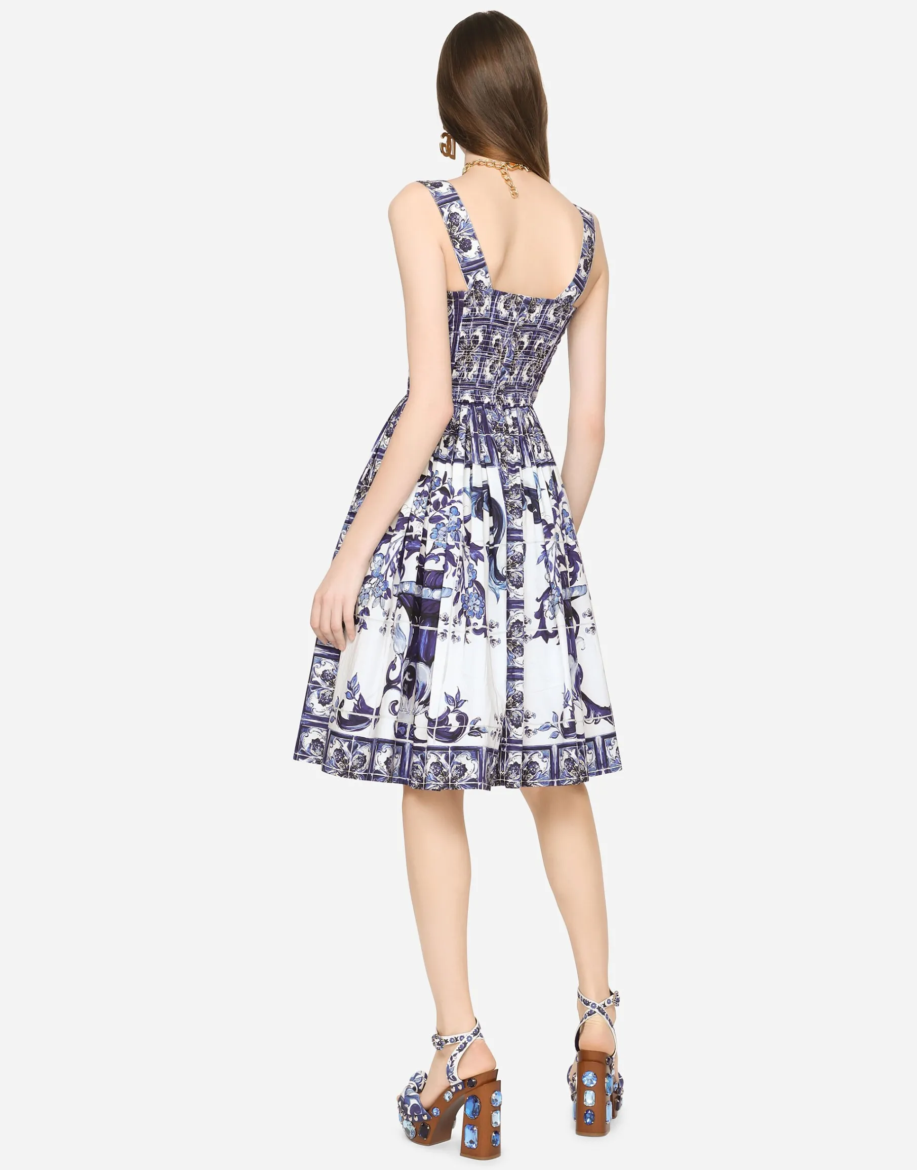 Bustier midi dress in majolica-print poplin