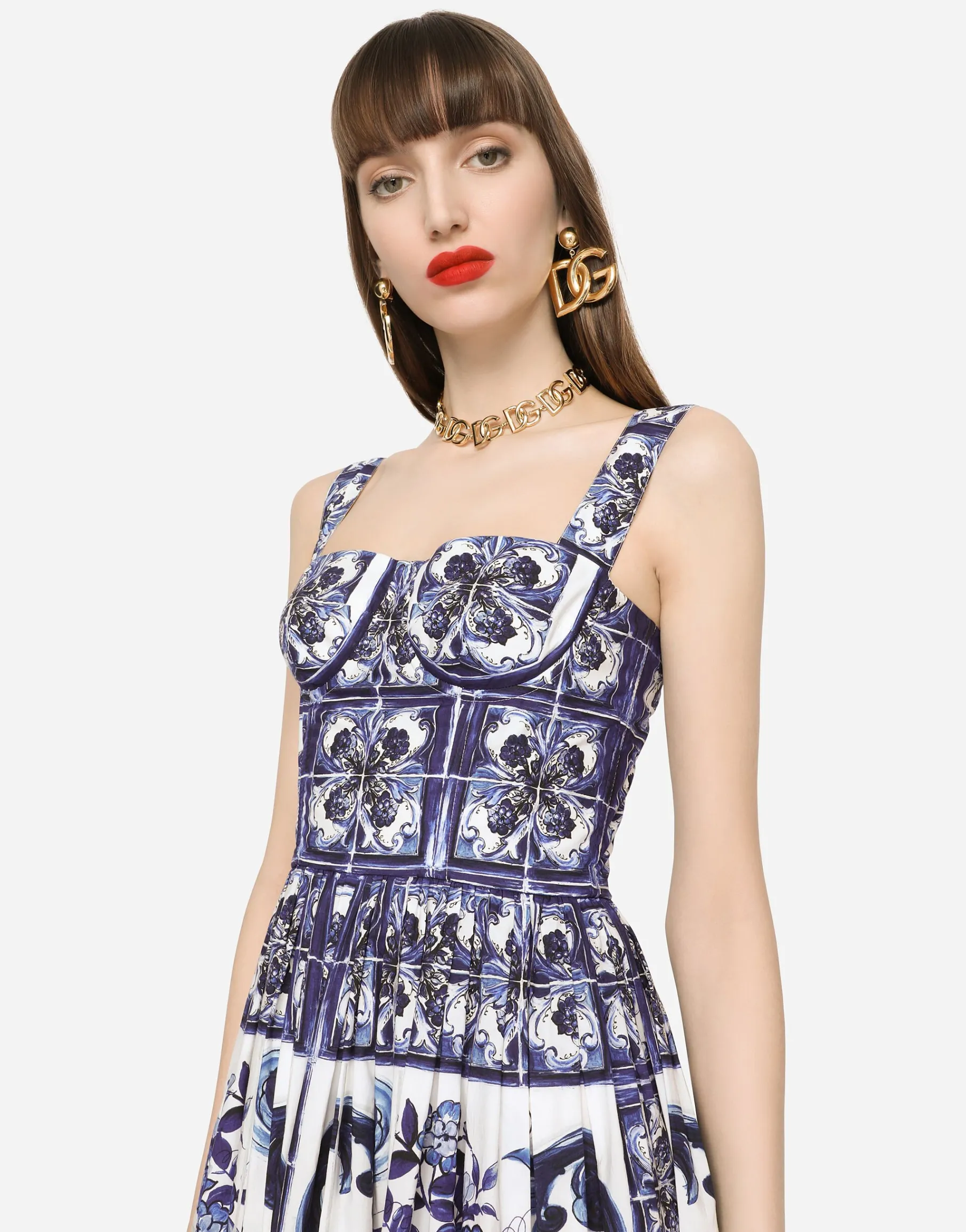 Bustier midi dress in majolica-print poplin