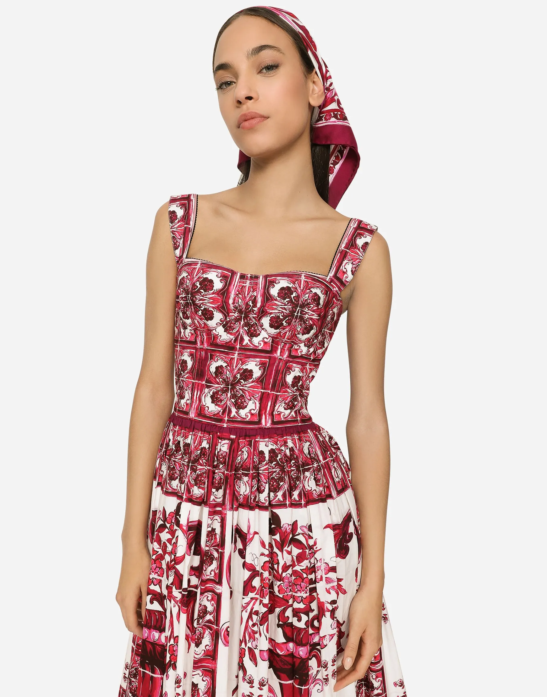 Bustier midi dress in Majolica-print poplin
