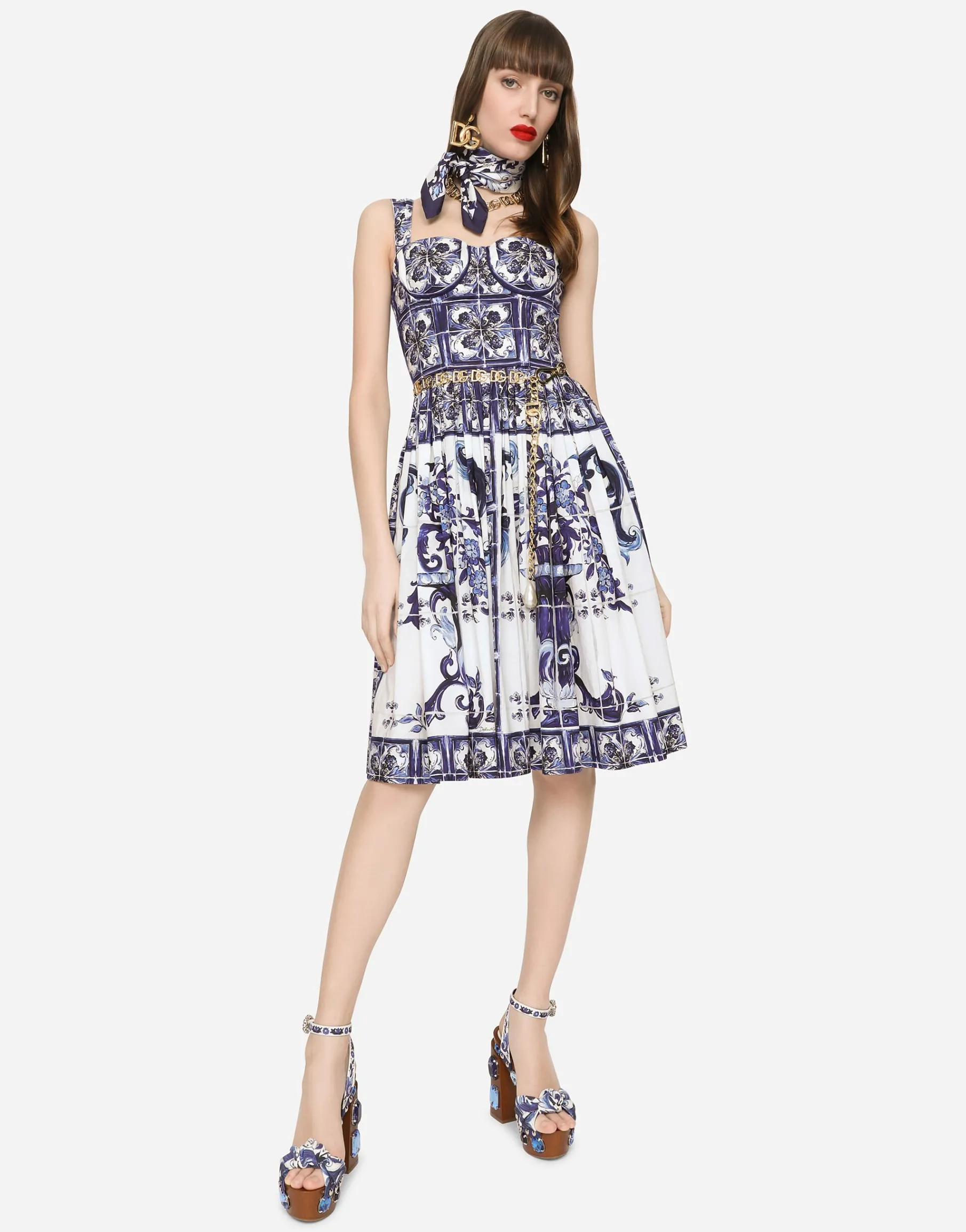 Bustier midi dress in majolica-print poplin
