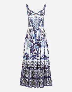 Calf-length bustier dress in majolica-print poplin