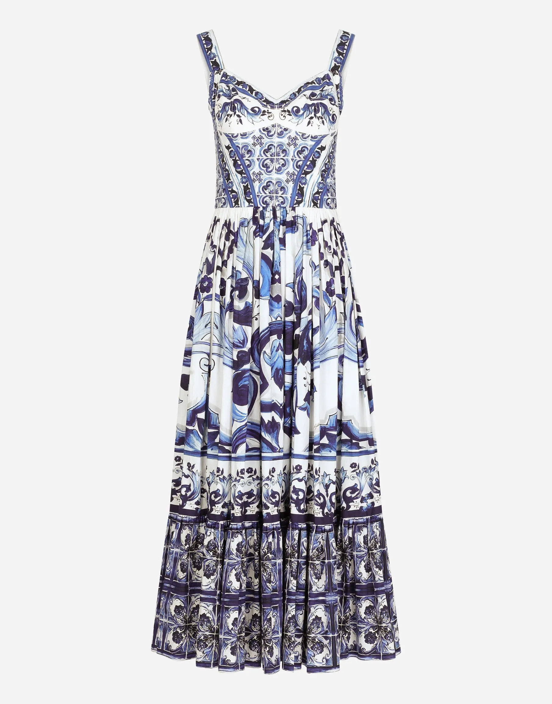 Calf-length bustier dress in majolica-print poplin