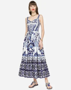 Calf-length bustier dress in majolica-print poplin