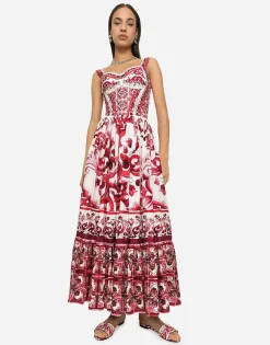 Calf-length bustier dress in Majolica-print poplin