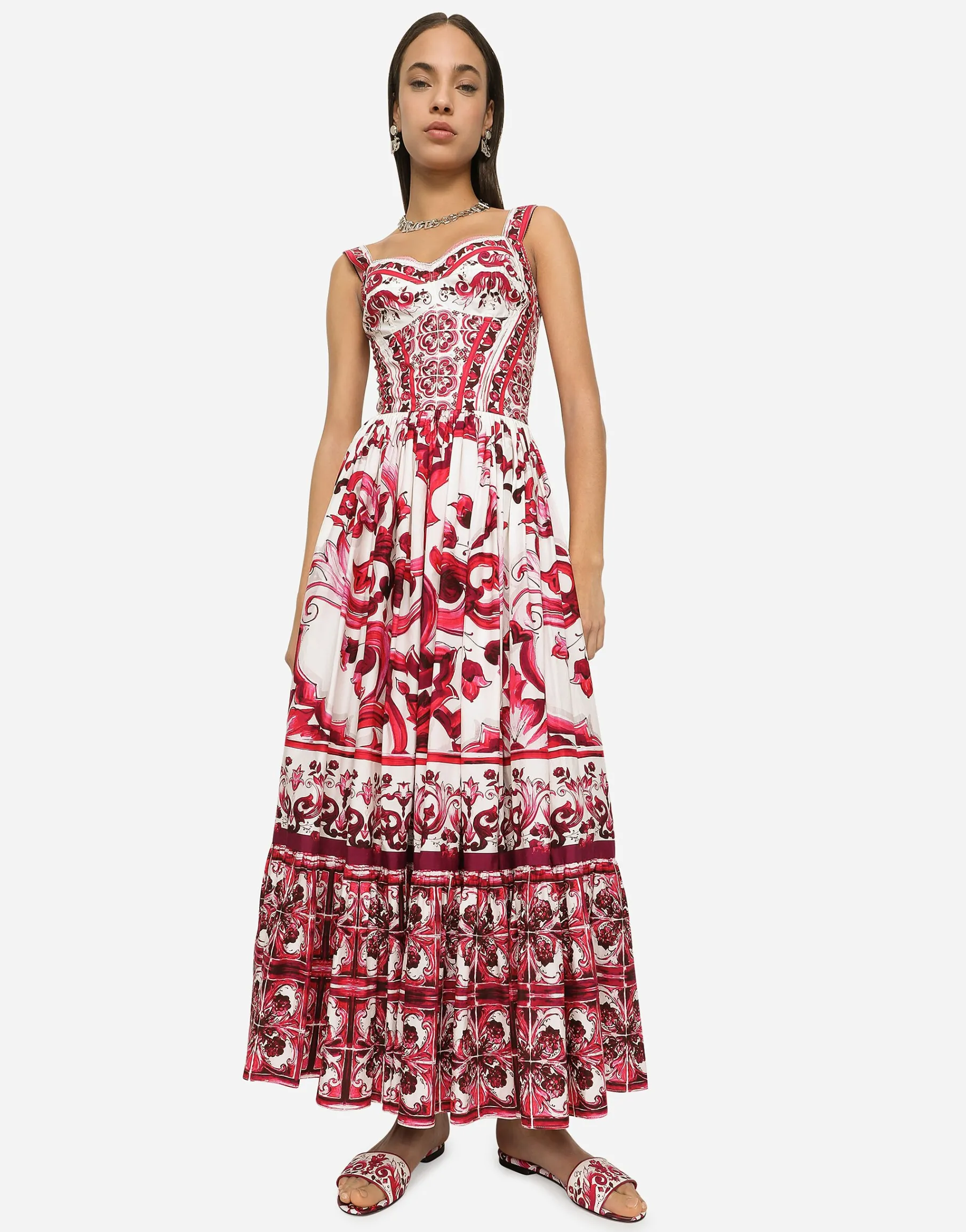 Calf-length bustier dress in Majolica-print poplin