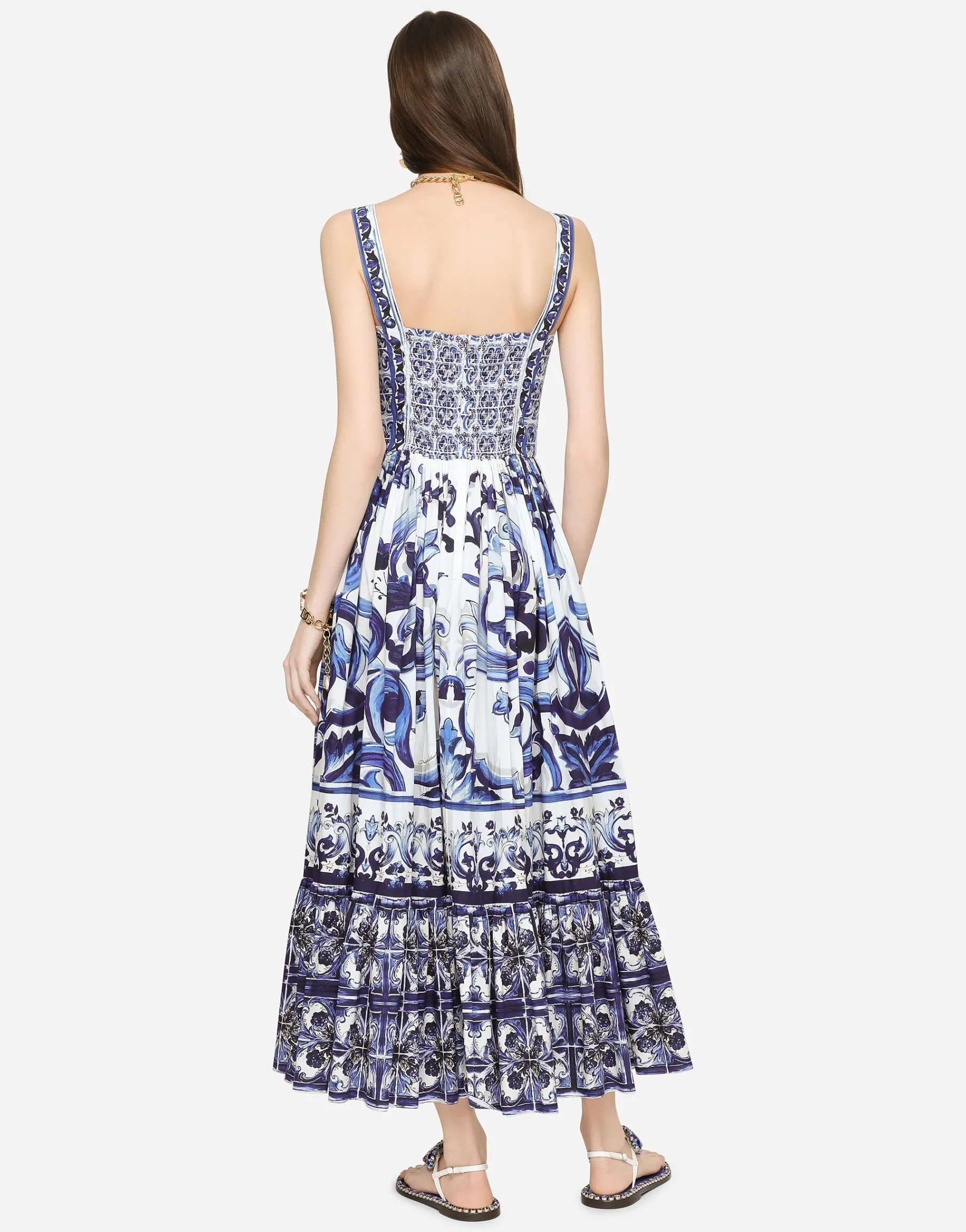 Calf-length bustier dress in majolica-print poplin